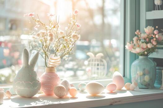 AI generated Shop window filled with an array of easter decorations. Generative AI photo