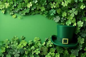 AI generated St. Patrick's Day background with leprechaun hat and clover leaves. Generative AI photo