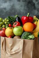 ai generado un Kraft bolso con vegetales y frutas en un oscuro antecedentes. comida entrega foto