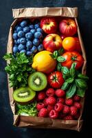 AI generated A kraft bag with vegetables and fruits on a black background. Food delivery photo