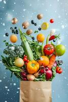 AI generated A craft bag with vegetables and fruits on a light background. Food delivery photo