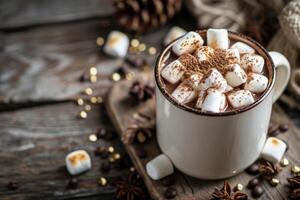 AI generated Chocolate hot cocoa in white mug with marshmallows. Generative AI photo