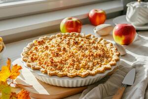 AI generated Apple crumble on the kitchen background with apples. Generative AI photo