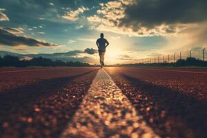 AI generated Back view of man runs on a track. Jogging concept at outdoors. Generative AI photo