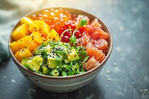 AI generated Salmon poke bowl with seaweed, avocado and cucumber. Generative AI photo