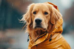 AI generated Dog in a trendy raincoat. The concept of caring for pets. Generative AI photo