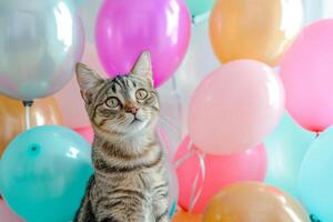 ai generado gato se sienta entre el festivo decoraciones gatito entre globos generativo ai foto