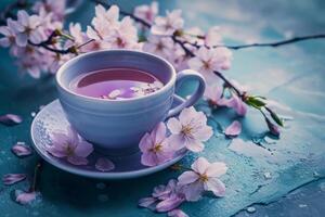 AI generated Lavender cup of tea with cherry blossom flowers in the background. Generative AI photo