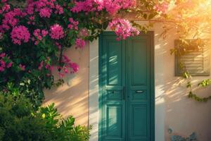 ai generado frente puerta rodeado por flores generativo ai foto