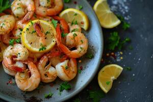 AI generated Grilled shrimps or prawns served with lemon and garlic. Seafood. Generative AI photo