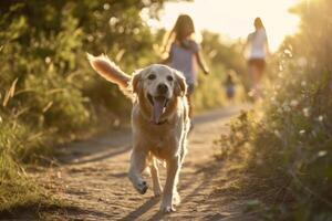 ai generado perro unión un familia empujoncito. contento familia con perro corriendo al aire libre. generativo ai foto