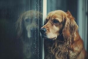 AI generated Dog waiting near the window for its owner in a rainy day. Generative AI photo