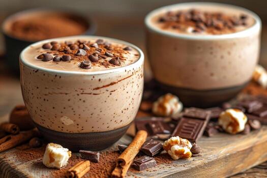 AI generated Delicious natural cocoa drink with chocolate in a mug on the table. A source of vitamins and energy photo