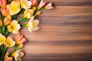 AI generated Flowers on Wooden Background photo