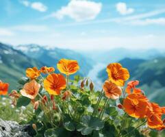 AI generated Flowers on Mountain Background photo