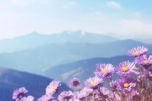 AI generated Flowers on Mountain Background photo