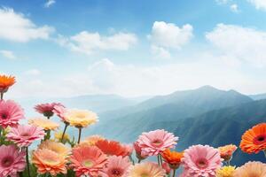 AI generated Flowers on Mountain Background photo