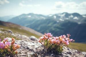 AI generated Flowers on Mountain Background photo