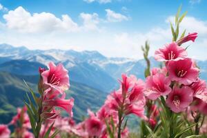 AI generated Flowers on Mountain Background photo