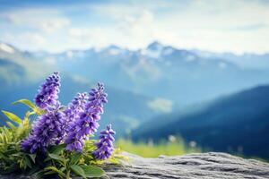 AI generated Flowers on Mountain Background photo