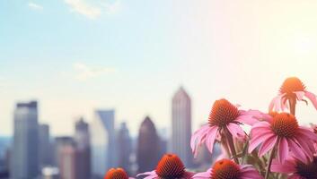 AI generated Flowers on City Skyline Background photo
