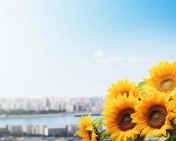 ai generado flores en ciudad horizonte antecedentes foto