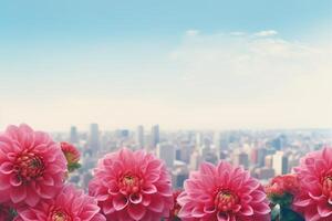 AI generated Flowers on City Skyline Background photo