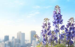 AI generated Flowers on City Skyline Background photo