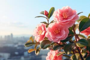 AI generated Flowers on City Skyline Background photo