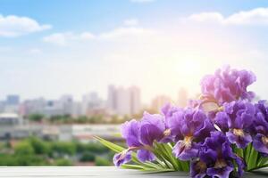 AI generated Flowers on City Skyline Background photo