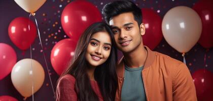 AI generated South asian boy and girl with balloons photo