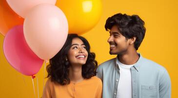AI generated South asian boy and girl with balloons photo
