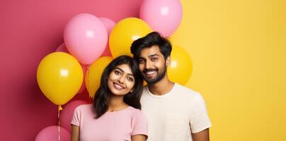 AI generated South asian boy and girl with balloons photo