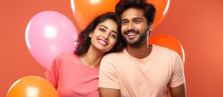 AI generated South asian boy and girl with balloons photo