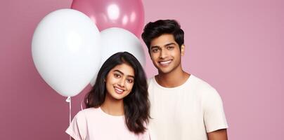 AI generated South asian boy and girl with balloons photo