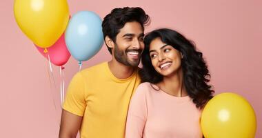 AI generated South asian boy and girl with balloons photo