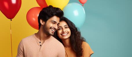 AI generated South asian boy and girl with balloons photo