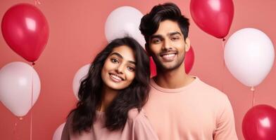 AI generated South asian boy and girl with balloons photo