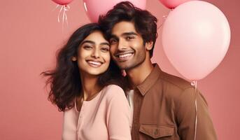 AI generated South asian boy and girl with balloons photo