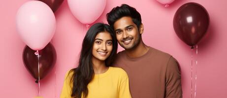 AI generated South asian boy and girl with balloons photo