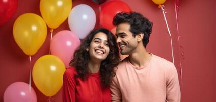 AI generated South asian boy and girl with balloons photo