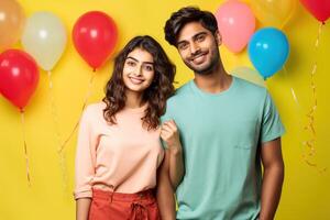 AI generated South asian boy and girl with balloons photo