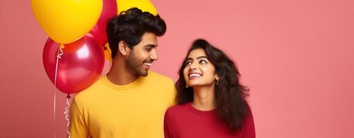 AI generated South asian boy and girl with balloons photo