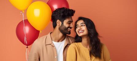 AI generated South asian boy and girl with balloons photo