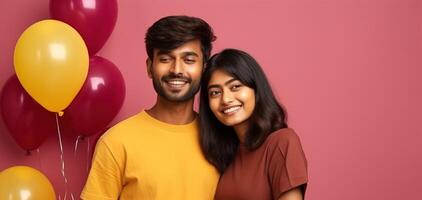 AI generated South asian boy and girl with balloons photo