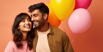 AI generated South asian boy and girl with balloons photo