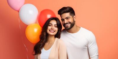 AI generated South asian boy and girl with balloons photo