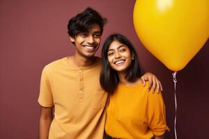 AI generated South asian boy and girl with balloons photo