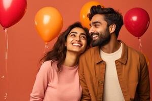 AI generated South asian boy and girl with balloons photo