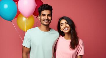 AI generated South asian boy and girl with balloons photo